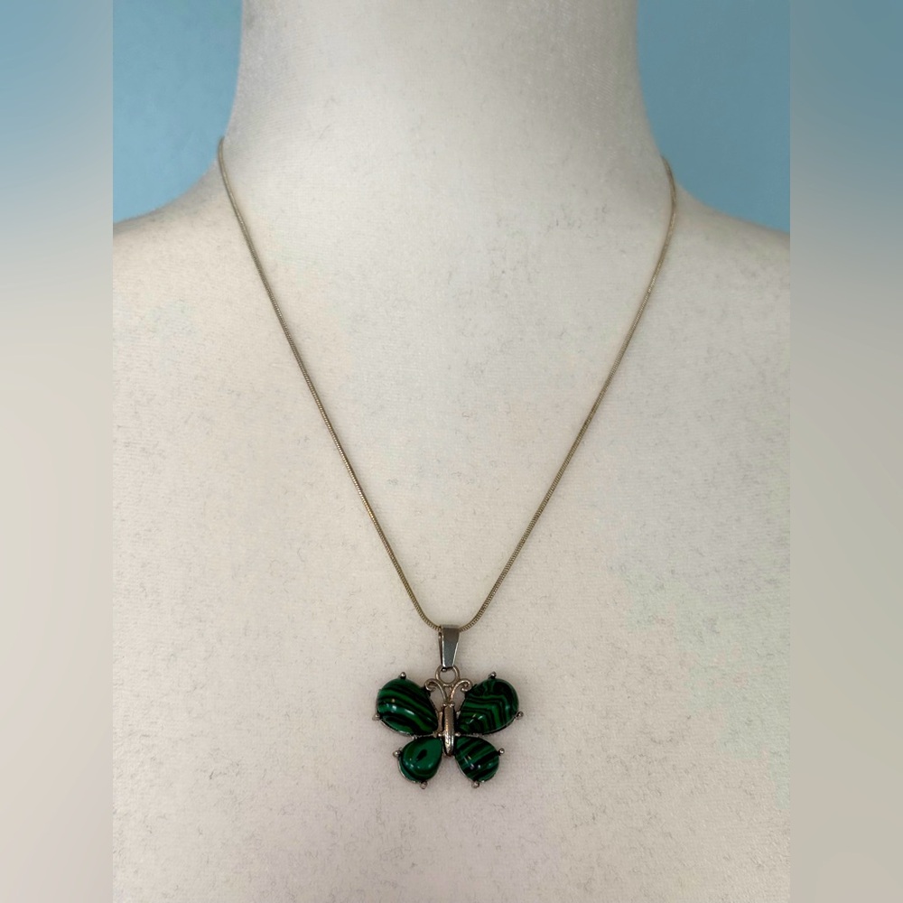 GREEN & BLACK Butterfly Pendant on Silver Chain